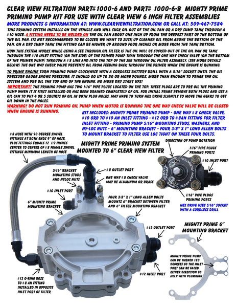Mighty Prime Black Out Priming Pump Kit 6" Filter Mounting and Bolts